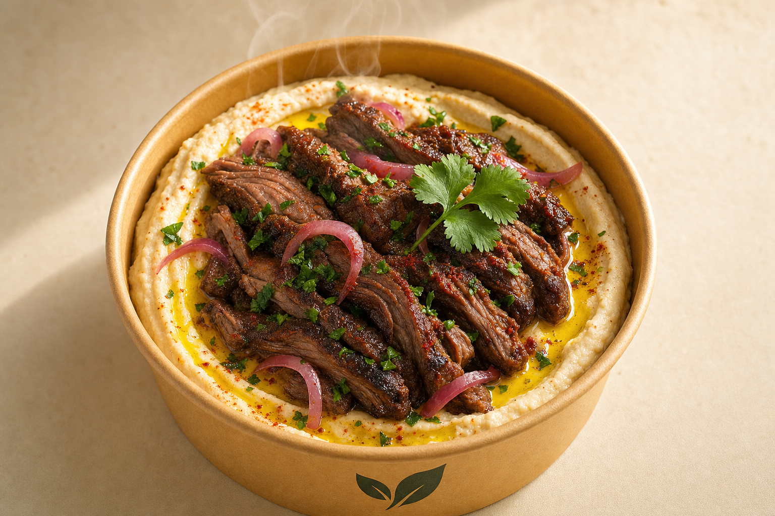 Hummus topped with slow-cooked asado